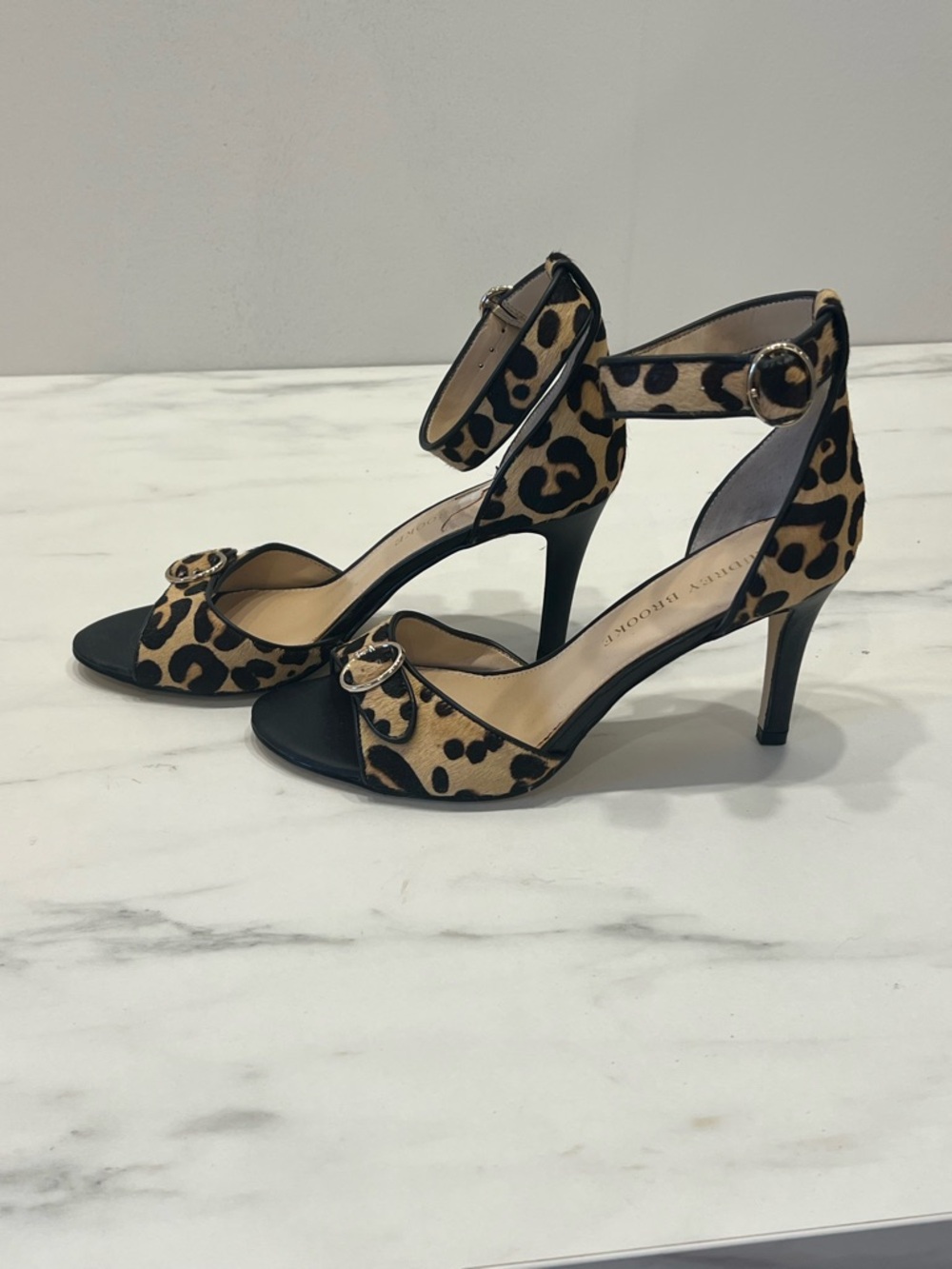 Audrey Brooke Leopard Print Tan and Black Ankle Strap Heels